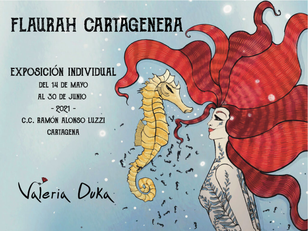 cartel de la exposición artística en cartagena que refleja especies marinas